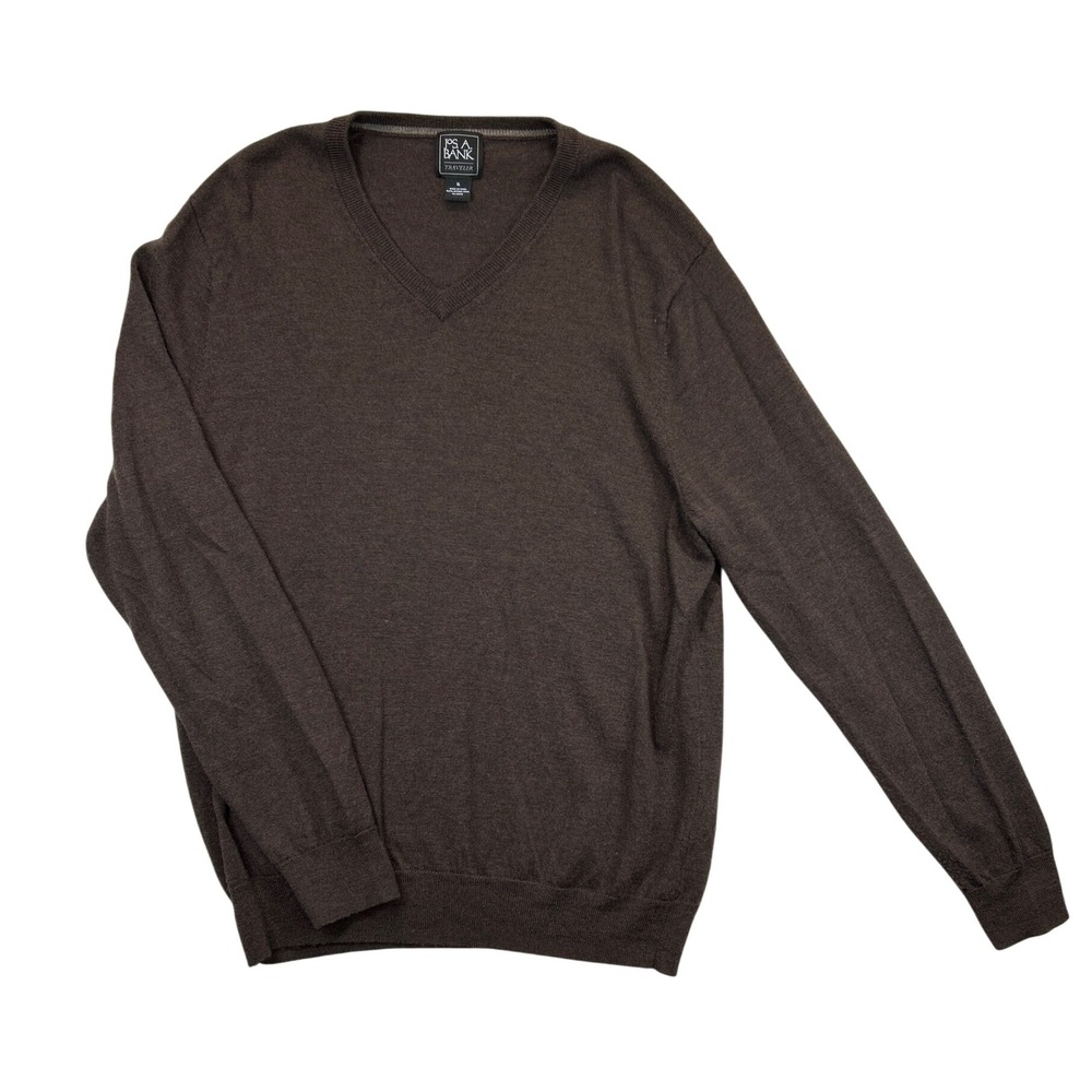 Jos A Bank 100% Merino Wool Sweater Mens XL Brown V Neck‎ Long Sleeve